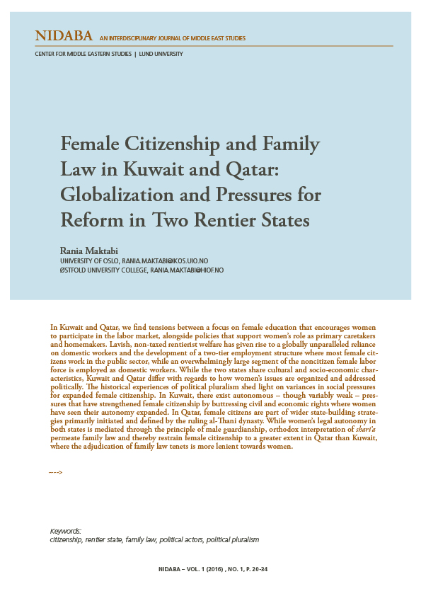 Female Citizenship and Family Law in Kuwait and Qatar: Globalization and Pressures for Reform in Two Rentier States