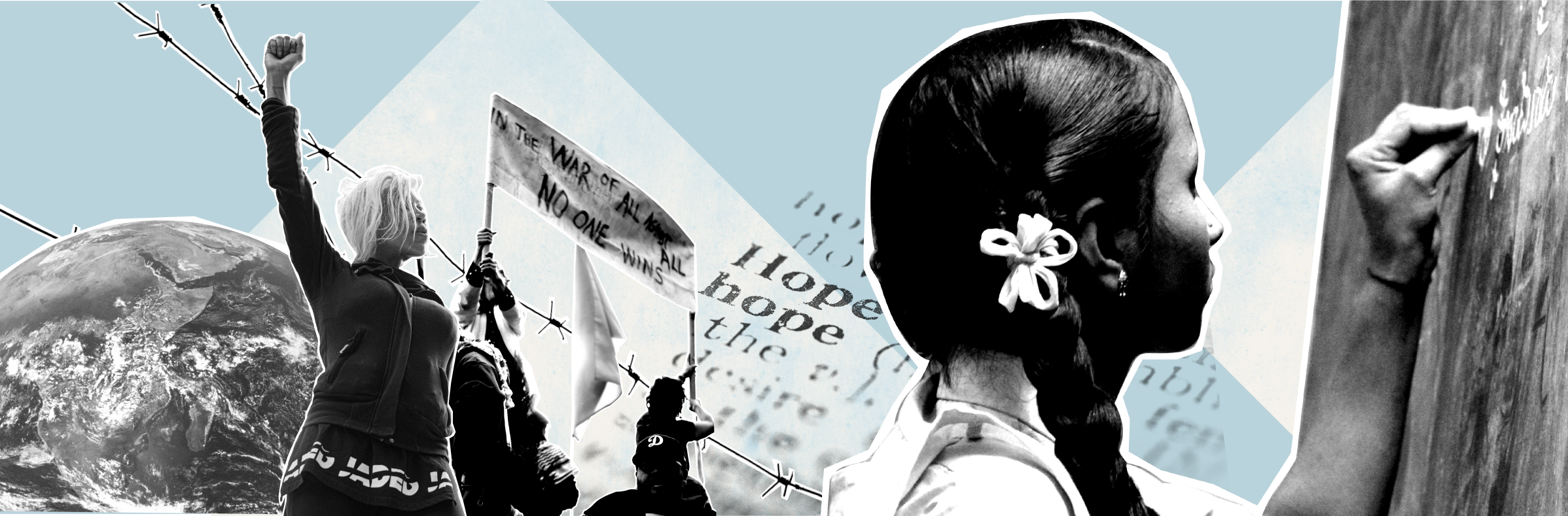 Demonstrators, globe, schoolgirl, barbed wire fence and the word "hope". Illustration.
